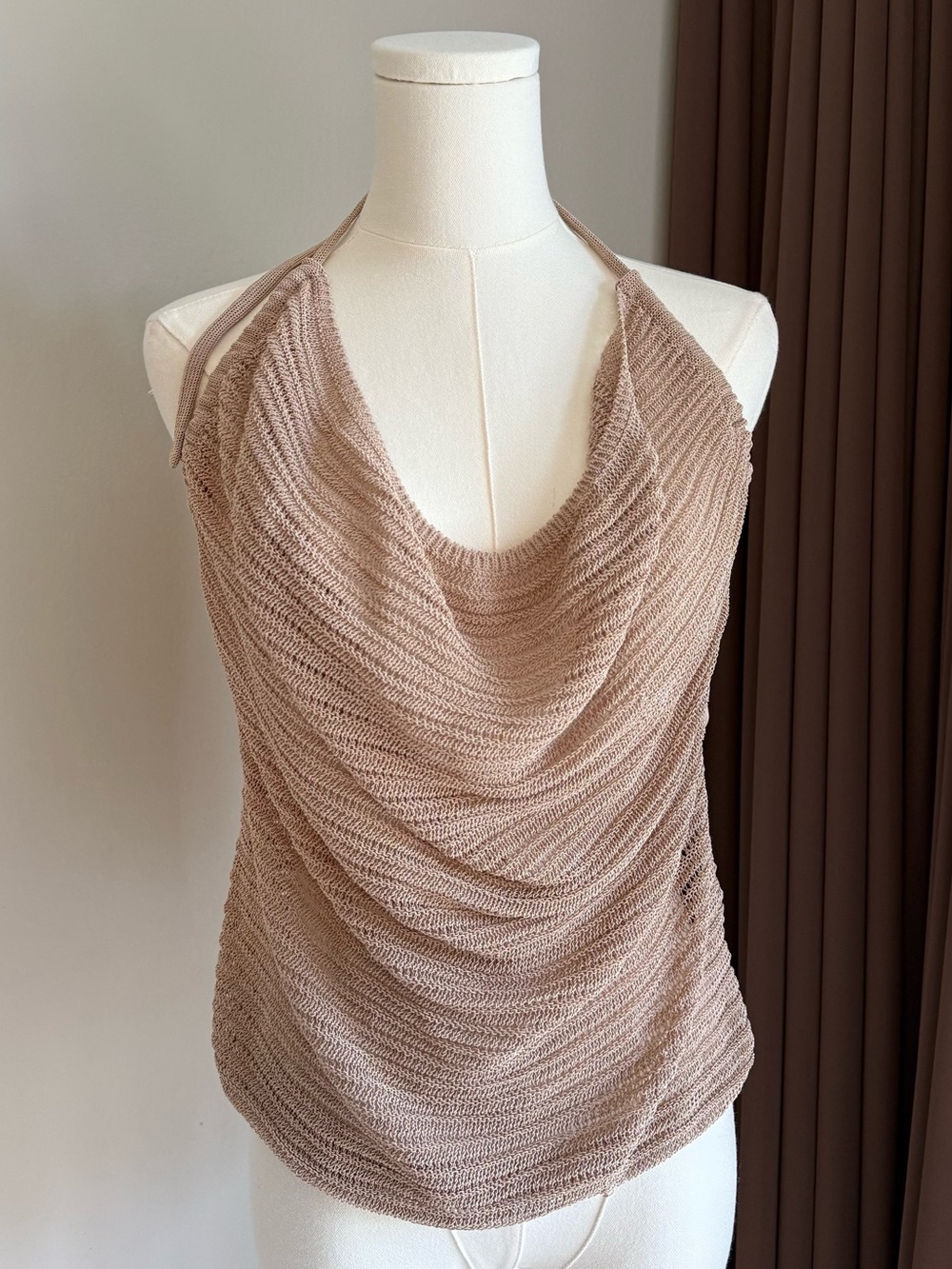 Guess Draped Halter Off-the-Shoulder Knit Top Taupe Tan Brown Large